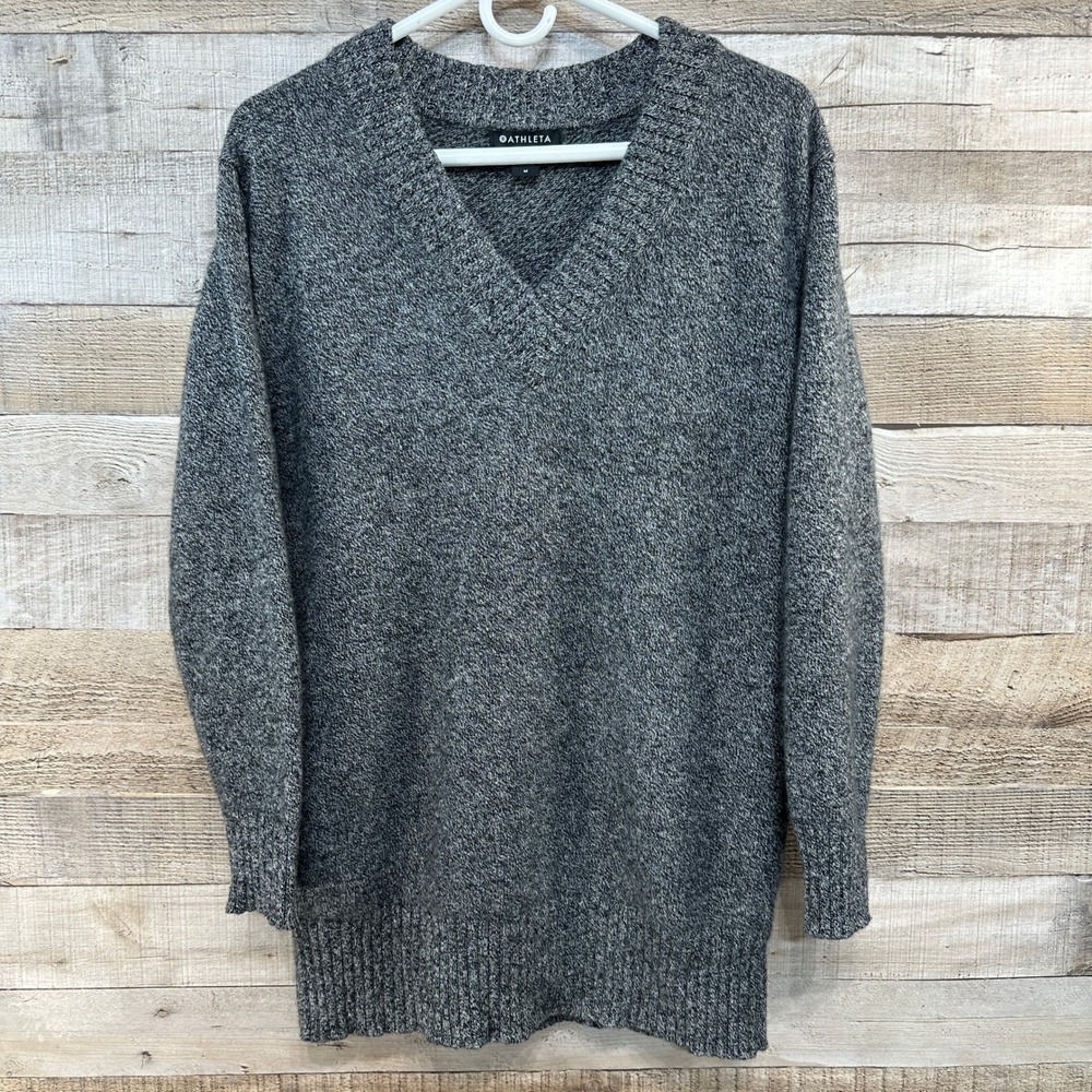 Athleta Vital V-Neck Tunic Sweater Charcol Grey Marled Knit Athleisure‎ Womens M